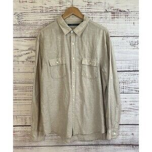Perry Ellis 100% Linen Button Up Shirt Mens Large Beige Long Sleeve Minimalist
